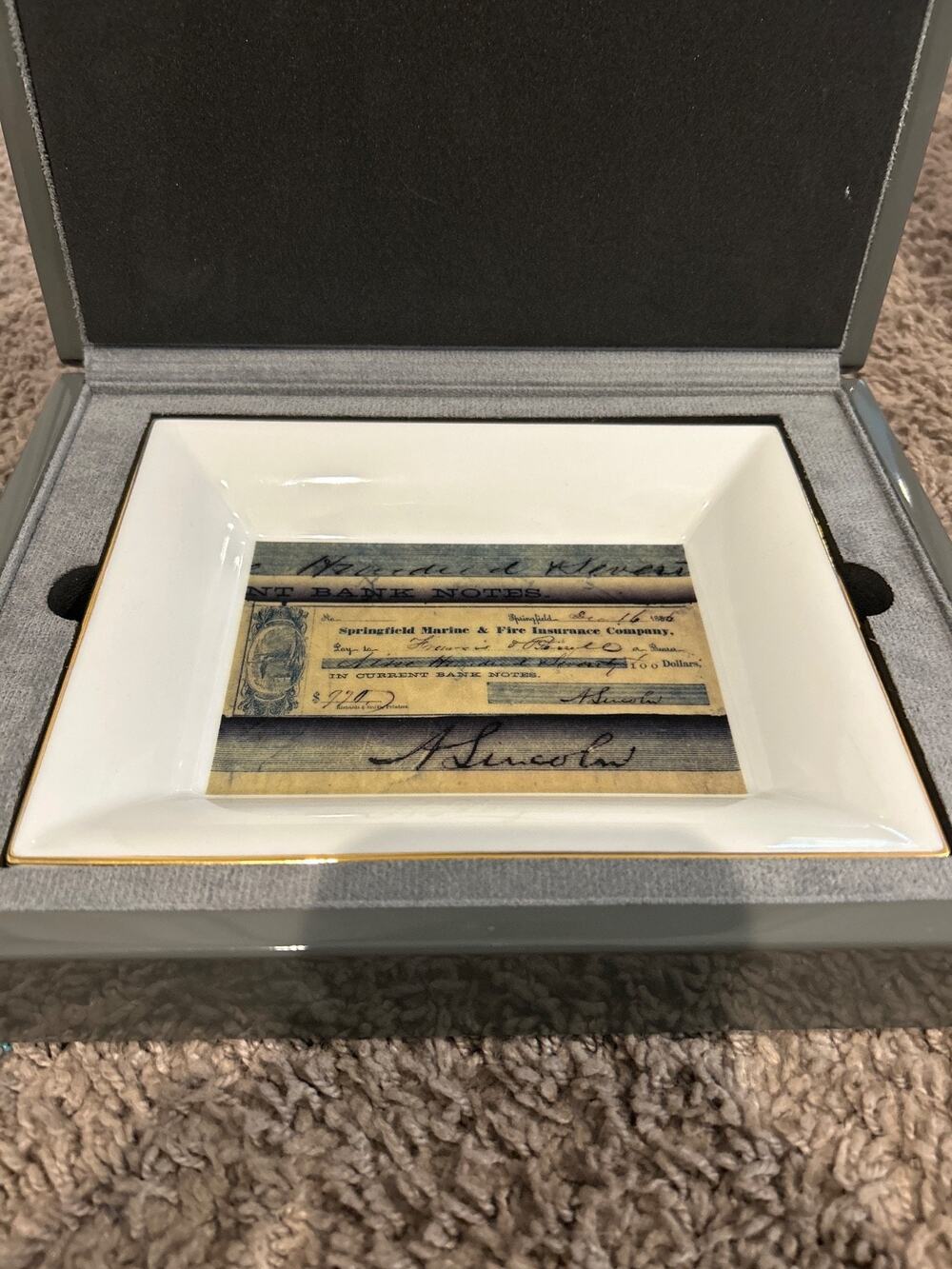 JP Morgan Bank - collectable Square Dish with a chexk from Abrham Lincoln